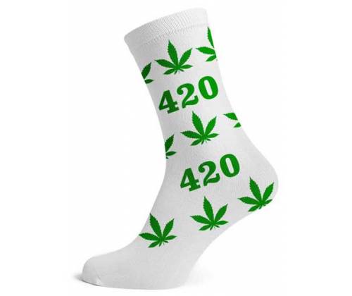 Κάλτσες Μακριές Cannabis Leaf (40-45) - Ασπρο/420 Leaf Πράσινο - Τιμή: 4,20€