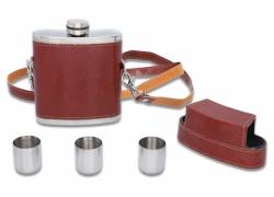 Flask Φλασκί Ποτού Δερματίνη Καφέ Κρεμαστό με 3 Σφηνοπότηρα - 240ml