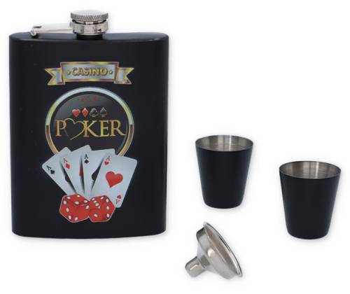 Flask Set Φλασκί Ποτού Casino Poker με 2 Σφηνοπότηρα, Τράπουλα και Ζάρια (4335) - 240ml - Τιμή: 22,50€