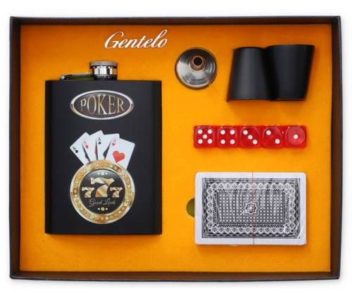 Flask Set Φλασκί Ποτού All Black Poker 777 με 2 Σφηνοπότηρα, Τράπουλα και Ζάρια (4336) - 240ml - Τιμή: 22,50€