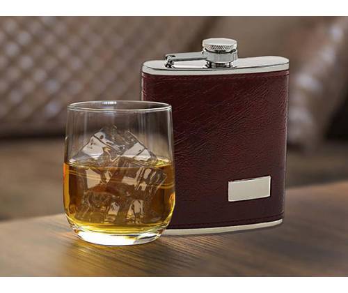 Hip Flask Φλασκί Ποτού Leather Red Brown Καφέ (F010) - 210ml - Τιμή: 11,90€