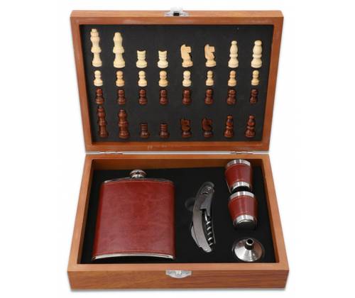 Hip Flask Set Drink Flask - Chess with shot glasses (F4506) - 240ml Brown -  Price: 35,50€