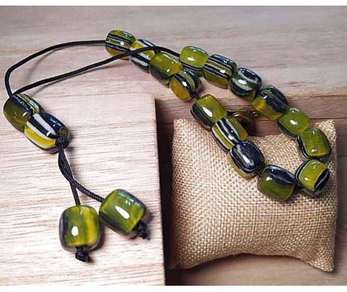 Κομπολόι Χειροποίητο από Μείγμα Κεχριμπαριού με 19 Χάντρες - Πράσινο-Μαύρο - Τιμή: 8,90€