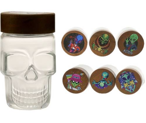 Glass Skull Jar With Plastic Lid Alien Design - Airtight Closure 55mm - Price: 5,90€
