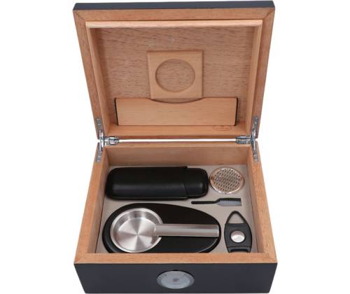 Σετ Ξύλινος Υγραντήρας Πούρων Sikarlan με Υγρασιόμετρο, Σταχτοδοχείο και Πουροθήκη Μαύρο για 30 Πούρα - Ξύλο Κέδρου 26x22x11cm - Τιμή: 114,00€