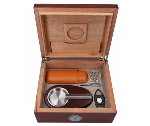 Ξύλινος Υγραντήρας Πούρων Sikarlan με Υγρασιόμετρο, Σταχτοδοχείο και Πουροθήκη Καφέ για 30 Πούρα - Ξύλο Κέδρου 26x22x11cm - Τιμή: 114,00€