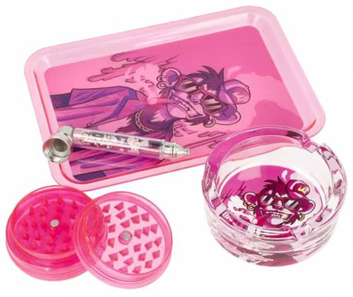 Monkey King Try Kit Σετ Ροζ με Δίσκο, Grinder, Πιπάκι και Σταχτοδοχείο - Τιμή: 19,50€