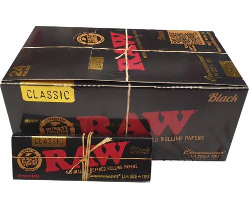 RAW Χαρτάκια Black Connoisseur - Ακατέργαστο - 1¼ & Tips 24τεμ - Τιμή: 22,80€